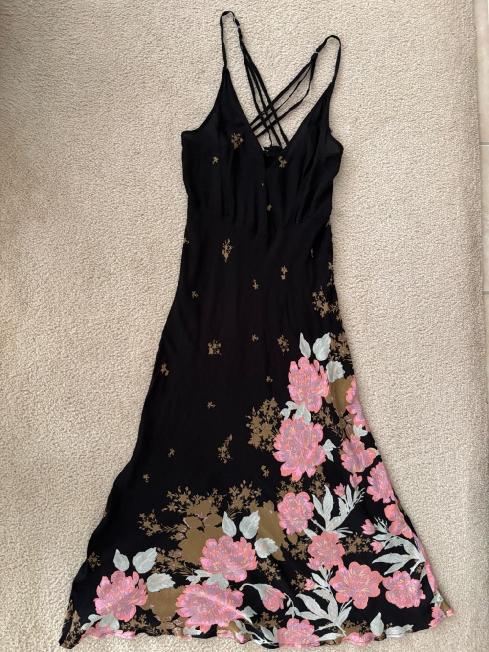 Free People SM Black Floral Slip Dress with Pink Flower Accents